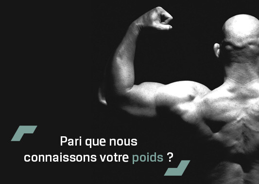 Voici un homme musclé avec le slogan de RDS "Pari que nous connaissons votre poids ?"