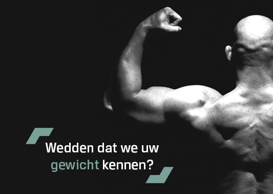 Dit is een gespierde man met de slogan van RDS "Wedden dat we uw gewicht kennen?"