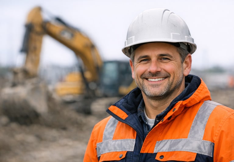 This is a happy customer on a building site - picture generated by AI This is a happy customer on a building site - picture generated by AI