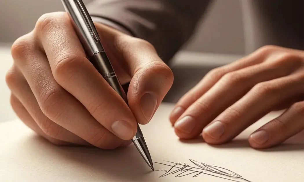 Dit een door AI gegenereerde afbeelding van een hand dat een handtekening plaatst op een huurcontract ter illustratie van het onderdeel 'verhuur' bij RDS Weighing & Safety Dit een door AI gegenereerde afbeelding van een hand dat een handtekening plaatst op een huurcontract ter illustratie van het onderdeel 'verhuur' bij RDS Weighing & Safety