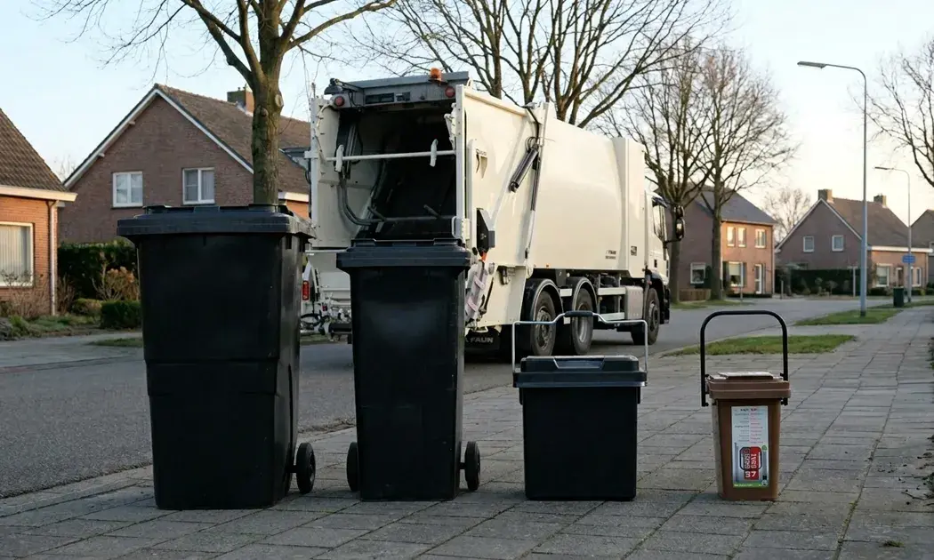 Dit is een afvalwagen met containers ervoor
