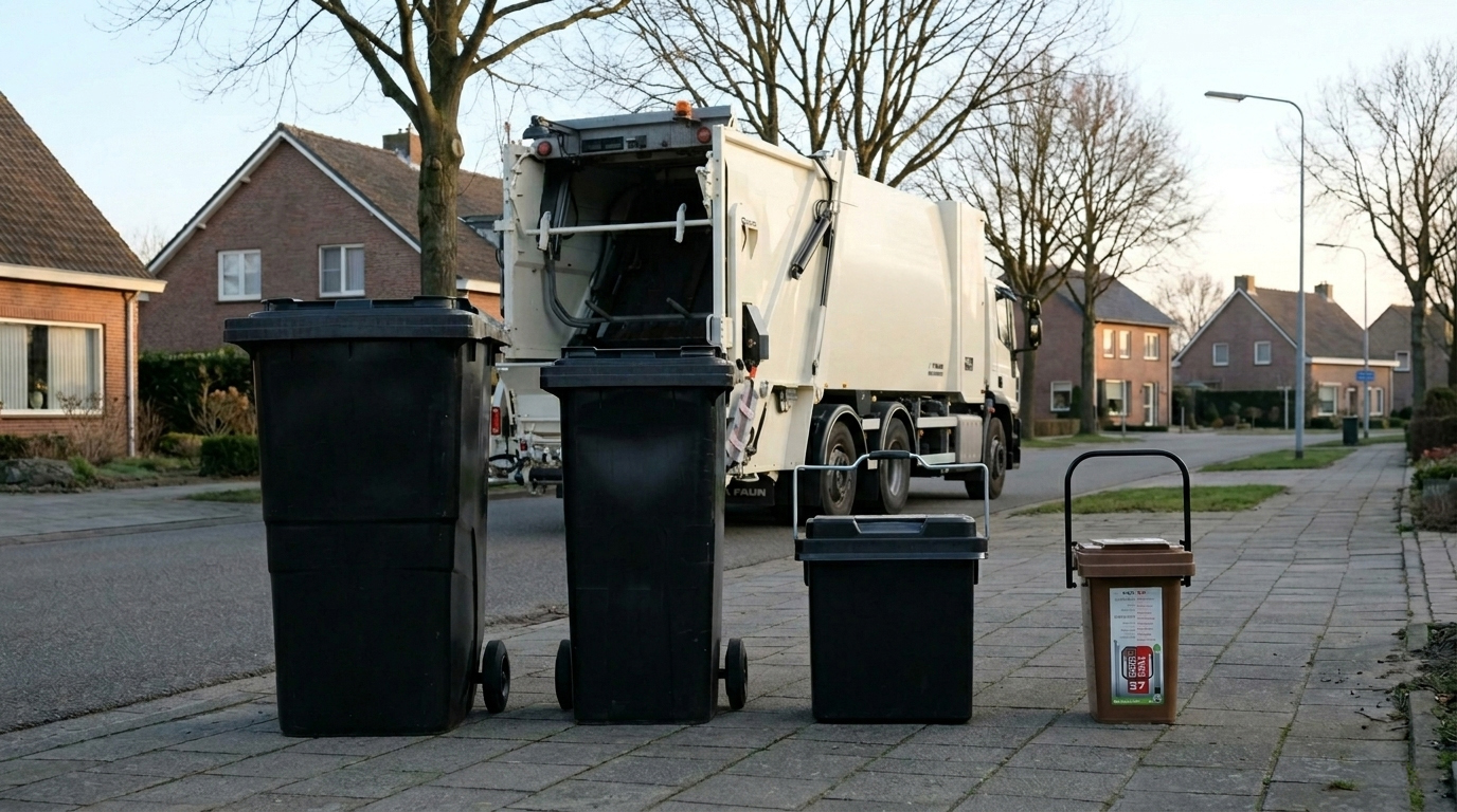 Dit is een afvalwagen met containers ervoor