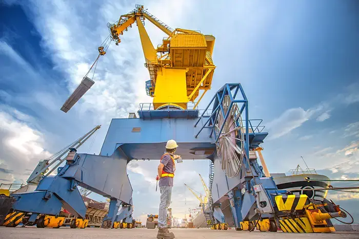 Ceci est une illustration dans le port avec un grue en fonction et un ouvrier portuaire.