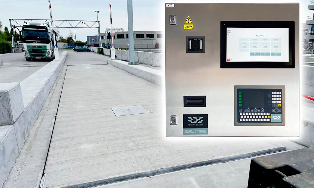 This is a weighbridge by RDS Weighing & Safety featuring a modernized control cabinet equipped with a touchscreen, ticket printer, and a QR and barcode scanner.