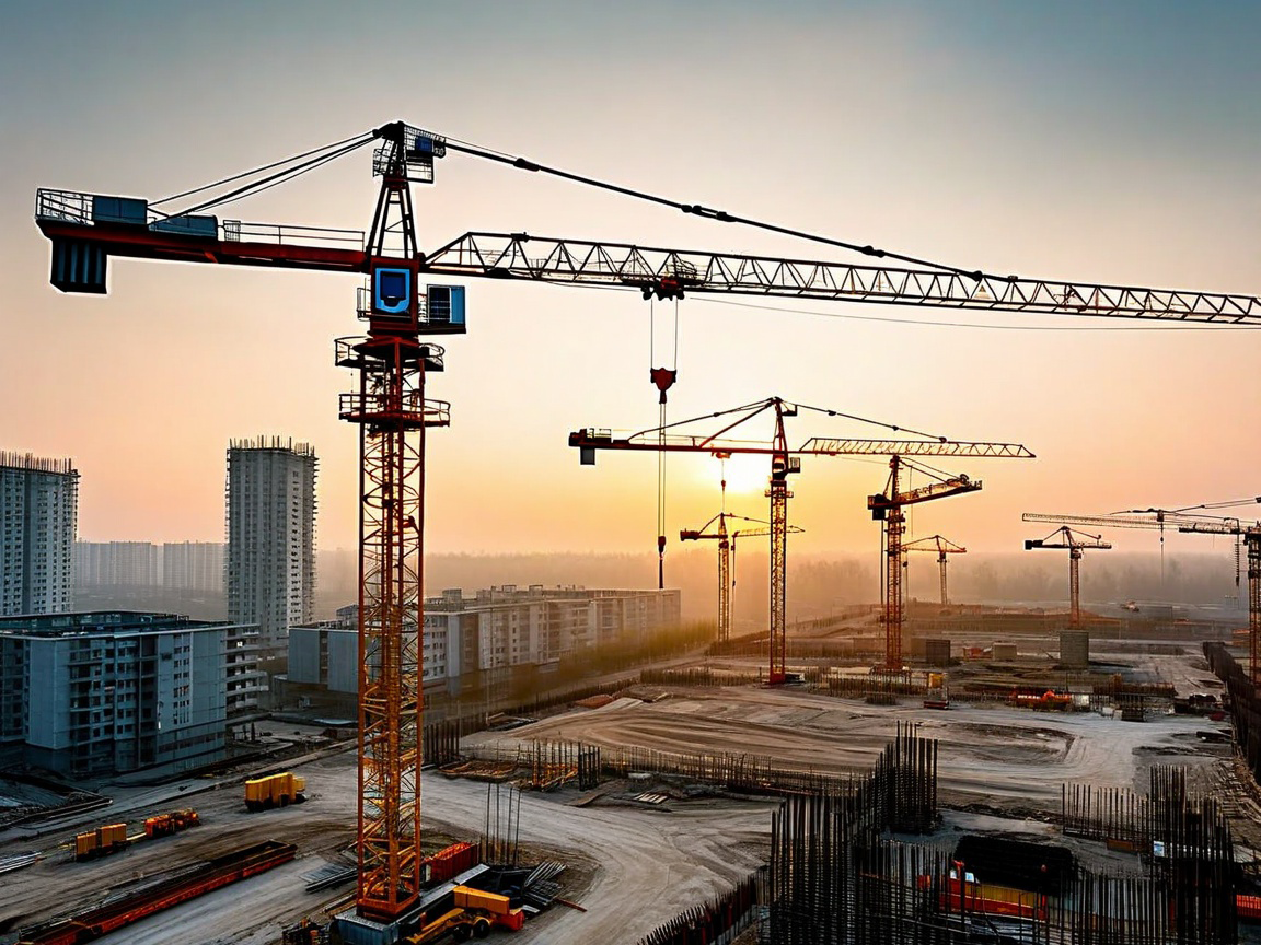 This is an AI-generated image of a construction site with tower cranes in a windy environment.