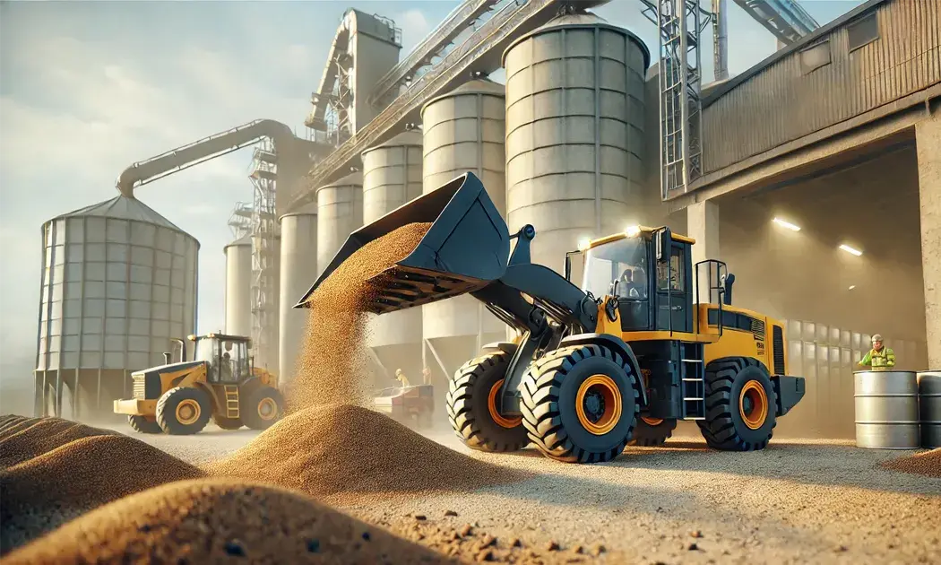 This is a setup where a front loader is scooping feed mixture, and a camera is mounted on the machine.