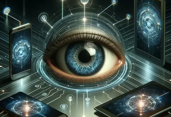 Deze afbeelding symboliseert met een oog en verbinding naar een smartphone en tablet naar onze 4G streamer met camera die verbinding met deze toestellen kan maken