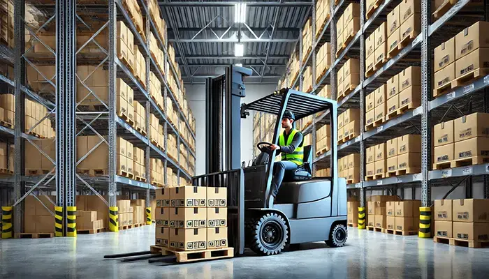 This is an AI-generated image of a forklift driver with a loaded pallet on the forks in a warehouse.